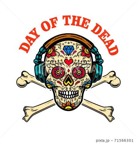 mexican sugar skull with headphones and crossbones. DAY OF THE DEAD. Design element for poster, greeting card, banner, t shirt, flyer, emblem. mexican sugar skull with headphones and crossbones. DAY OF THE DEAD. Design element for poster, greeting card, banner, t shirt, flyer, emblem. 71566301