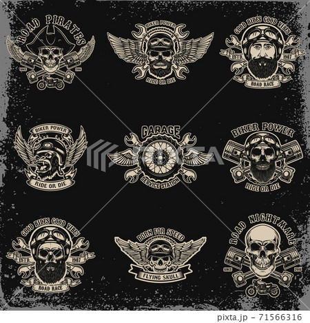 Set of biker emblems. Racer skull with crossed pistons. Extreme motorsport. Design elements for logo, label, emblem, sign. 71566316