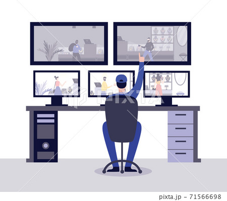 Security room of jewelry store with security guard flat vector illustration. 71566698