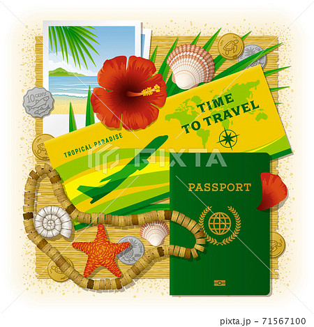 Time To Travel Concept. Vacation In Tropics. Travel concept with different tropical objects. Editable EPS10 vector illustration with clipping mask. Used gradient mesh and transparency. Time To Travel Concept. Vacation In Tropics. Travel concept with different tropical objects. Editable EPS10 vector illustration with clipping mask. Used gradient mesh and transparency. 71567100