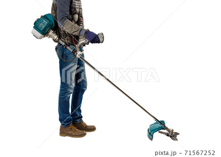 Man with garden trimmer on white background. 71567252