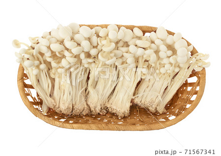 Enoki mushroom, Golden needle mushroom in a wicker basket isolated in white background with clipping path. Top view. Flat lay Enoki mushroom, Golden needle mushroom in a wicker basket isolated in white background with clipping path. Top view. Flat lay 71567341