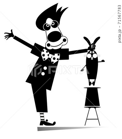 Funny trick. Circus, clown, rabbit illustration. Cartoon clown takes out a rabbit from the top hat by the ears isolated black on white 71567783