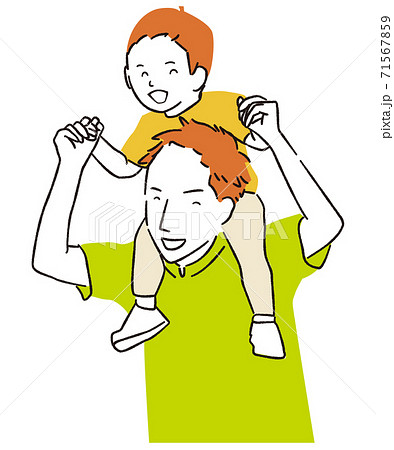手書き線画カラーイラスト 父と子 肩車のイラスト素材