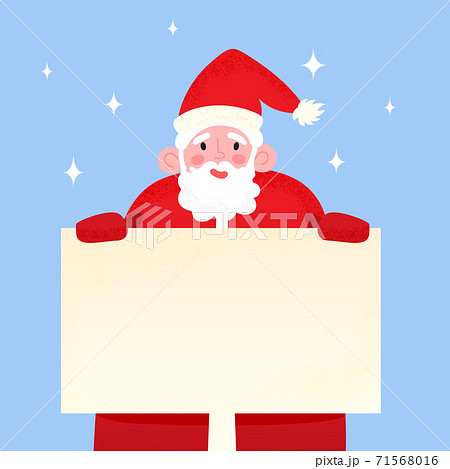 Happy Santa Claus holding blank signboard. Smiling Papa Noel behind celebration banner, on blue snowy background. Vector illustration of Merry Christmas greeting card template 71568016