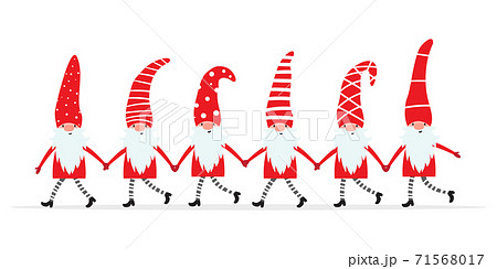 Set of cute christmas gnomes in funny hats and holding hands. Vector illustration of northern elfs, cartoon scandinavian dwarfs. Xmas elements for design, invitations and greeting cards 71568017