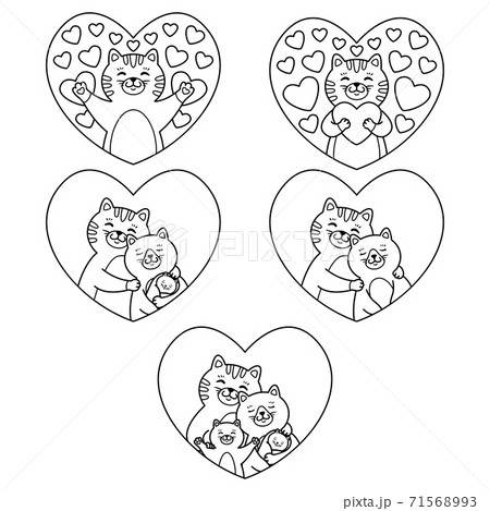 Cats family mother, father, child and newborn baby hug in heart. Tomcat hugs a heart. Set of lovely elements. Vector illustration isolated on white background. Outline picture for coloring page. Cats family mother, father, child and newborn baby hug in heart. Tomcat hugs a heart. Set of lovely elements. Vector illustration isolated on white background. Outline picture for coloring page. 71568993
