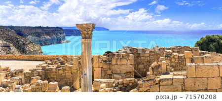 Landmarks of Cyprus island  - antique Kourion Temple over beautiful turquoise sea 71570208