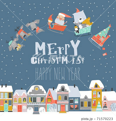 Cartoon sleigh with Santa Claus and animals fly above the snowing town 71570223