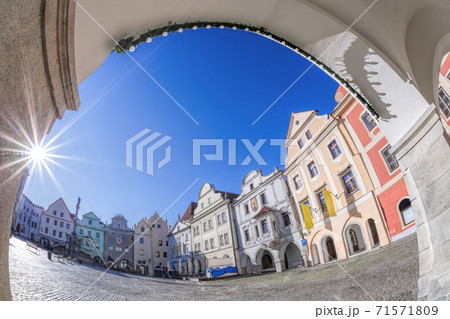 Main Square with old houses in Cesky Krumlov against sunset in Czech Republic 71571809