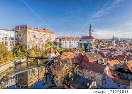 Panoramic aerial view over town center of Cesky Krumlov during autumn season in Czech Republic 71571813