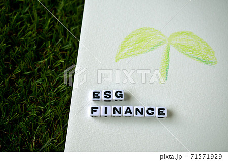 ESG FINANCEという文字列にアルファベットビーズで並べてある。双葉のイラストに添えて。 71571929