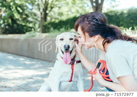 飼い主と散歩する犬 71572977