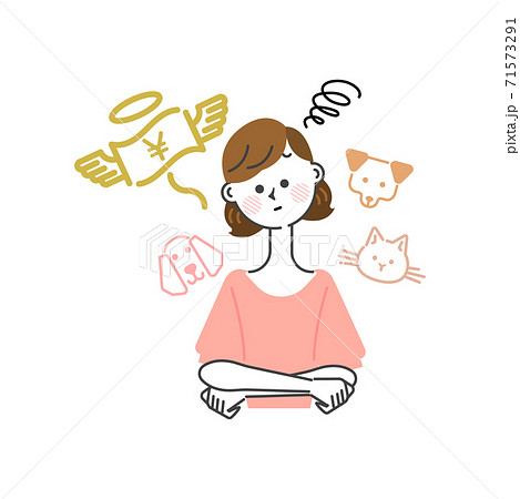 犬や猫にお金がかかることを悩んでいる女性のイラスト素材