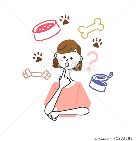 犬に食べさせる食べ物について考えている女性のイラスト素材
