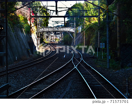 奥まで続く線路 トロッコ嵐山駅からトロッコ嵯峨駅方面の写真素材