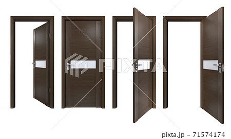 Modern set of dark brown wooden doors with matt glass stripe, isolated on white. Simple modern style of indoor entrance for minimalistic style interior design Modern set of dark brown wooden doors with matt glass stripe, isolated on white. Simple modern style of indoor entrance for minimalistic style interior design 71574174