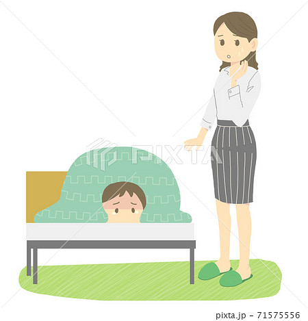 起きるのを嫌がる子供と困る母親 71575556