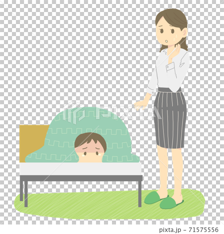 起きるのを嫌がる子供と困る母親 71575556