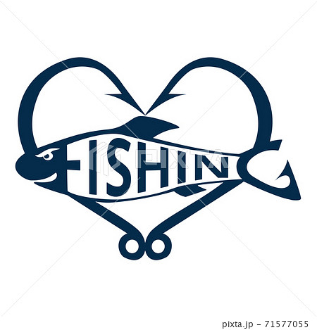 Fishing logo, emblem isolated on white background. Fish hooks in heart shape. Lettering fishing shaped like a fish. Design element. Vector illustration. Fishing logo, emblem isolated on white background. Fish hooks in heart shape. Lettering fishing shaped like a fish. Design element. Vector illustration. 71577055