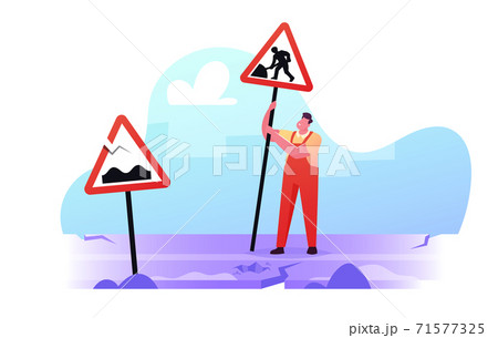 Bad Road Concept Worker Male Character Wear Overalls Set Up Sign for Asphalt Under Maintenance or Construction 71577325