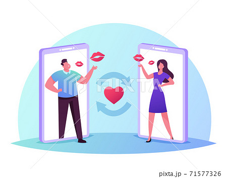 Young Male and Female Characters on Huge Smartphone Screens Send Air Kisses to Each Other. Man and Woman Dating Online 71577326