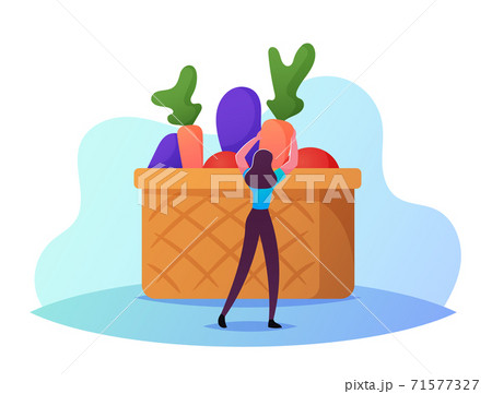 Young Tiny Female Character Stand at Huge Basket with Vegetables. Vegan Food, Healthy Lifestyle and Organic Nutrition 71577327