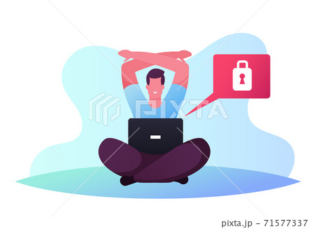 Digital Detox, Information Ecology, Staying Away from Online Communication. Male Character with Laptop Gadget and Lock Digital Detox, Information Ecology, Staying Away from Online Communication. Male Character with Laptop Gadget and Lock 71577337