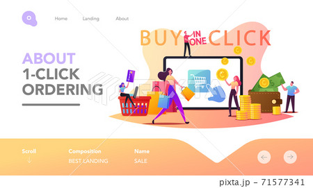 One Click Purchase Shopping Landing Page Template. Tiny Customer Characters with Credit Card Buying Goods Online 71577341