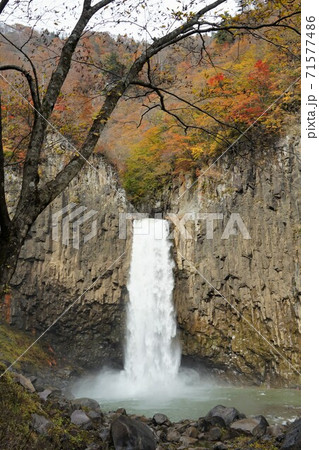 日本の滝百選の一つに選ばれている苗名滝と紅葉 71577486