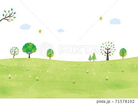 シンプルな草原と木々水彩のイラスト素材