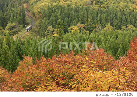 紅葉の米坂線の写真素材