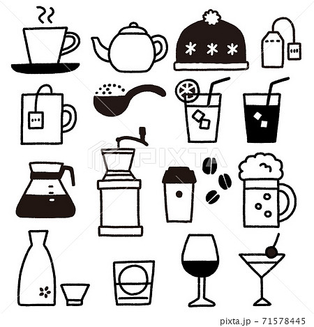 お茶やお酒などいろんな飲み物のアイコンセット 線のみ 手描き風のイラスト素材