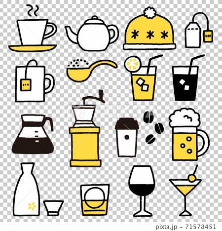 お茶やお酒などいろんな飲み物のアイコンセット 手描き風のイラスト素材