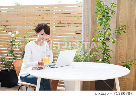 屋外でノートパソコンを操作する女性 屋外でノートパソコンを操作する女性 71580787