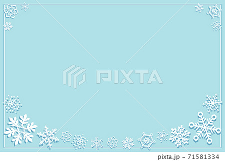 立体的な雪の結晶と水色背景のシンプルなメッセージカード2 枠有りのイラスト素材