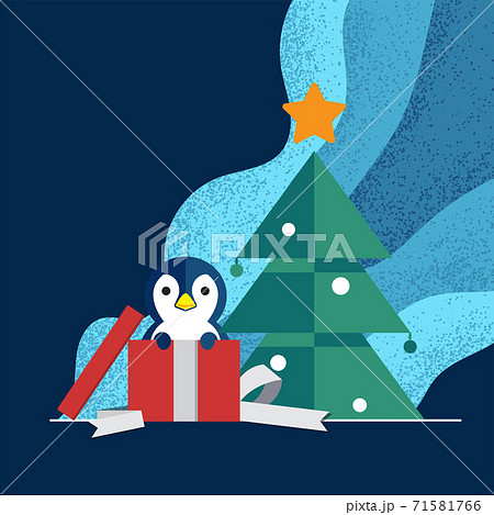 Penguin come up from presents box in front of Christmas tree with blue tone background 71581766