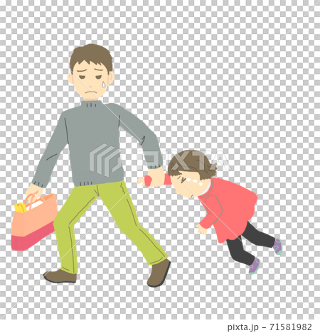 泣いている子供の腕を引く父親 71581982