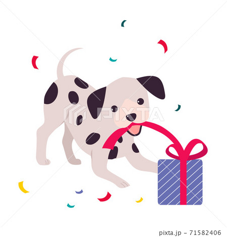 Funny Dog with Present Box, Adorable Spotted Puppy, Symbol of Xmas and New Year, Happy Winter Holidays Concept Cartoon Style Vector Illustration Funny Dog with Present Box, Adorable Spotted Puppy, Symbol of Xmas and New Year, Happy Winter Holidays Concept Cartoon Style Vector Illustration 71582406