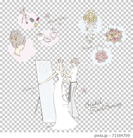 Illustration of trying on, makeup, and bouquet of wedding dress Illustration of trying on, makeup, and bouquet of wedding dress 71584709