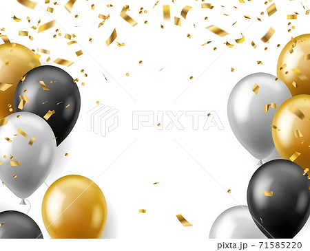 Birthday celebration party banner. Realistic gold, white and black festive balloons and golden confetti poster, invitation or greeting card with copy space, vector carnival background 71585220
