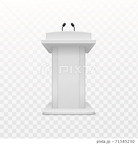 Debate speaker podium. Realistic white tribune with microphone front view, pedestal for lecture, award ceremony, press interview and political debate empty platform vector illustration 71585230