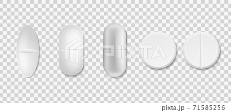 Tablets set. Vector realistic white medical pill and capsule various forms front view, antibiotic, painkiller and vitamins pharmacy collection, vector on transparent background drugs 71585256