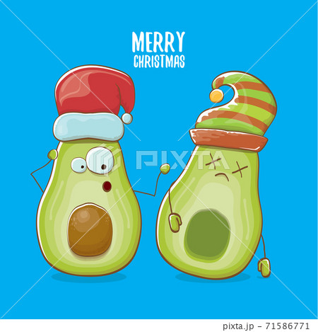 Merry chirstmas vector funky greeting card with with santa claus avocado character and his elf friend on blue background. Vector funny christmas party poster design template Merry chirstmas vector funky greeting card with with santa claus avocado character and his elf friend on blue background. Vector funny christmas party poster design template 71586771