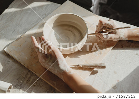Hands of potter creating an earthen bowl on the table. Hands of potter creating an earthen bowl on the table. 71587515