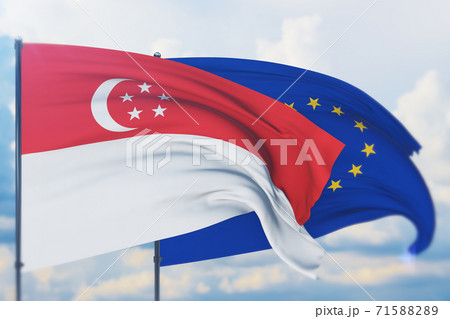 Waving European Union flag and flag of Singapore. Closeup view, 3D illustration. Waving European Union flag and flag of Singapore. Closeup view, 3D illustration. 71588289