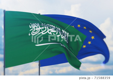 Waving European Union flag and flag of Saudi Arabia. Closeup view, 3D illustration. Waving European Union flag and flag of Saudi Arabia. Closeup view, 3D illustration. 71588359
