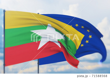 Waving European Union flag and flag of Myanmar. Closeup view, 3D illustration. Waving European Union flag and flag of Myanmar. Closeup view, 3D illustration. 71588568