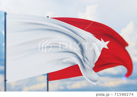 White flag on flagpole waving in the wind and flag of Turkey. Closeup view, 3D illustration. 71590274