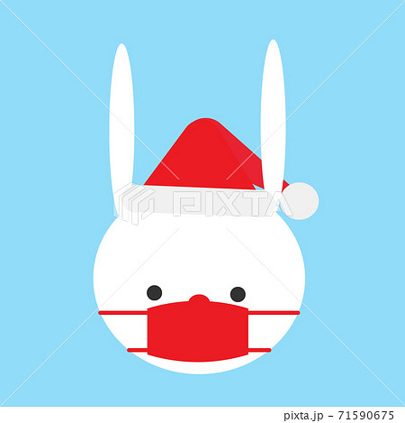 サンタの帽子をかぶって赤いマスクでコロナ対策をした白ウサギのかわいいイラストのイラスト素材